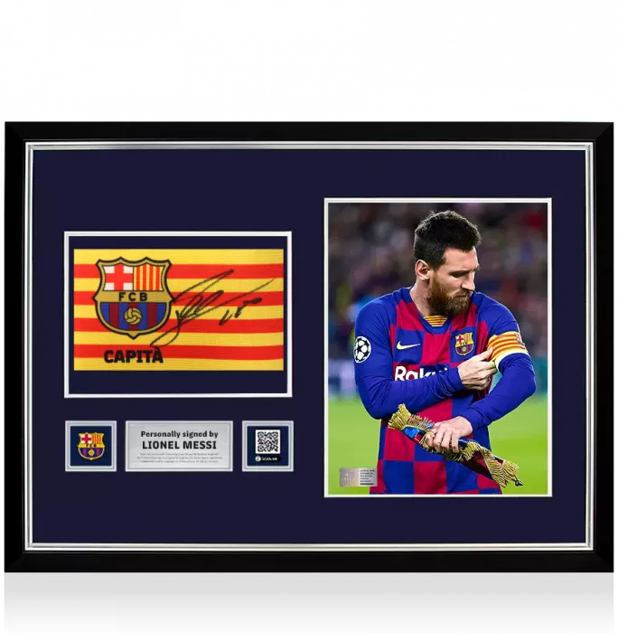 icons Lionel Messi Official FC Barcelona Signed and Framed Captain's Armband