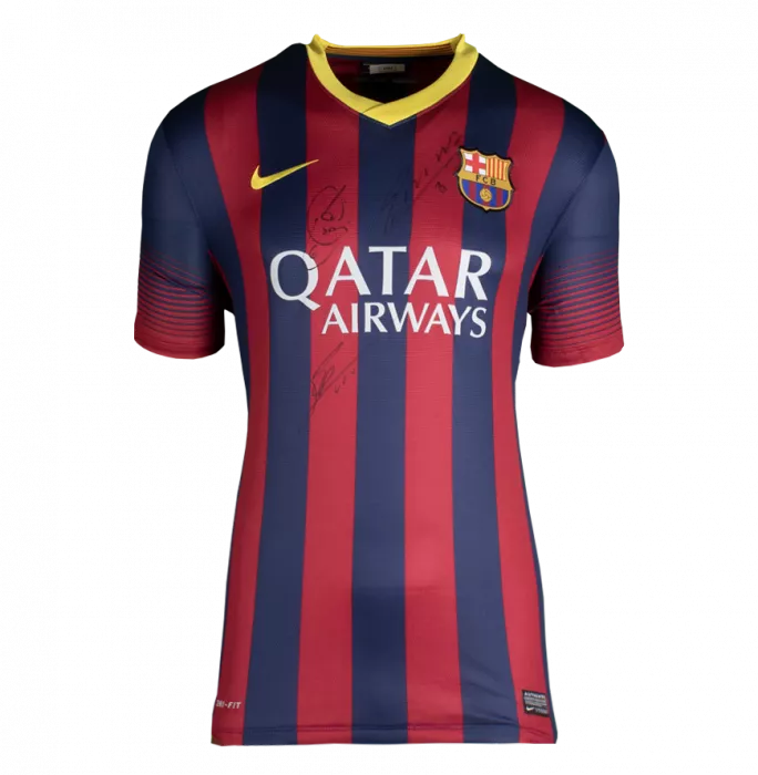 Icons Lionel Messi Official FC Barcelona & Xavi Triple Signed And Framed 2013-14 Home Shirt