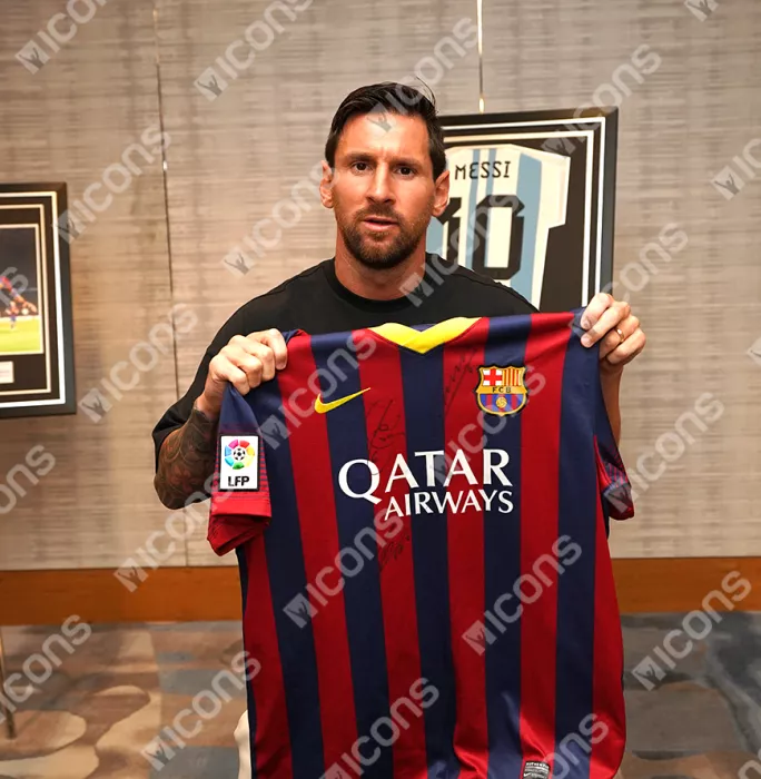 Icons Lionel Messi Official FC Barcelona & Xavi Triple Signed And Framed 2013-14 Home Shirt