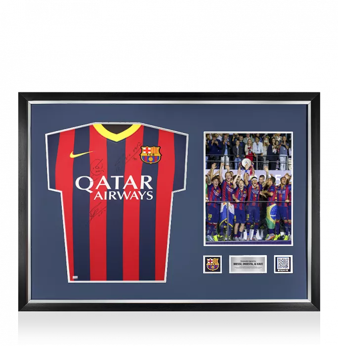 icons Lionel Messi Official FC Barcelona & Xavi Triple Signed and Framed 2013-14 Home Shirt