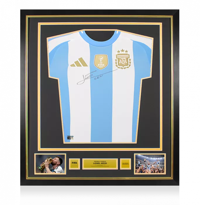icons Lionel Messi Official FIFA World Cup™ Front Signed and Framed Argentina 2024-25 Home Shirt