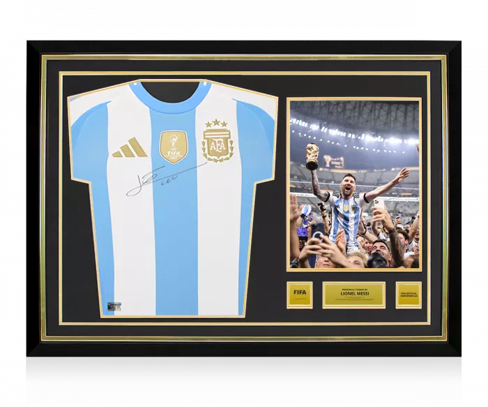 icons Lionel Messi Official FIFA World Cup™ Front Signed and Hero Framed Argentina 2024-25 Home Shirt