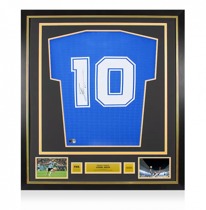 icons Lionel Messi Official FIFA World Cup™ Signed and Framed Argentina 1994 Reissue Away Shirt