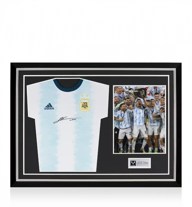 icons Lionel Messi Official Front Signed Argentina 2019-20 Home Shirt In Hero Frame: 2021 Copa America Winner Option 2