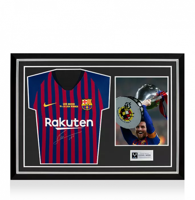 Icons Lionel Messi Official Front Signed FC Barcelona 2018-19 Home Shirt: 10x La Liga Winner Special Edition Home Shirt In Hero Frame: Option 1