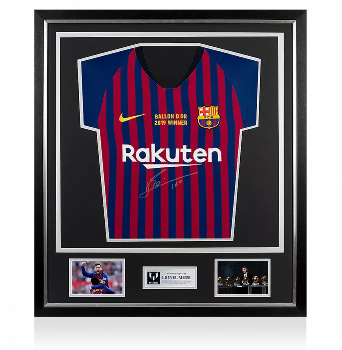 icons Lionel Messi Official Front Signed FC Barcelona 2018-19 Home Shirt In Classic Frame: 2019 Ballon d'Or Winner Edition