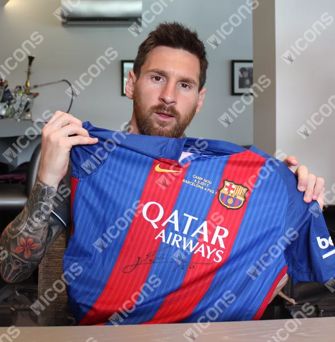 Icons Lionel Messi Official Front Signed FC Barcelona 2016-17 Home Shirt In Classic Frame: Barca 6-1 PSG Edition