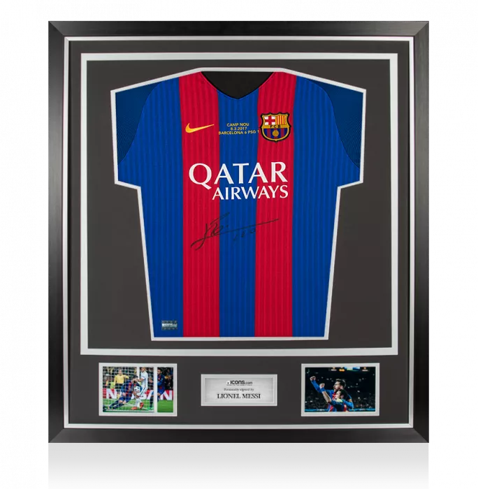 icons Lionel Messi Official Front Signed FC Barcelona 2016-17 Home Shirt In Classic Frame: Barca 6-1 PSG Edition