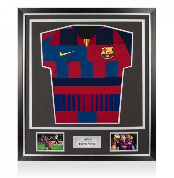 icons Lionel Messi Official Front Signed FC Barcelona Home Shirt In Classic Frame: Nike 20-Year Anniversary Special Edition
