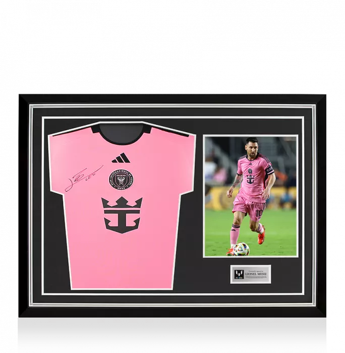 icons Lionel Messi Official Front Signed Inter Miami CF 2024-25 Home Shirt In Hero Frame: Option 1