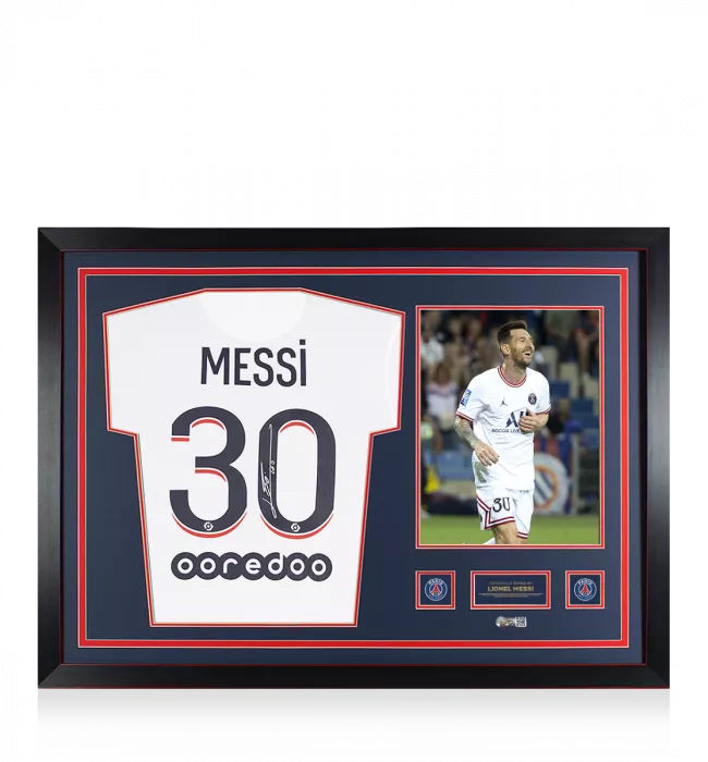 icons Lionel Messi Official Paris Saint-Germain Back Signed and Framed 2021-22 Fourth Shirt