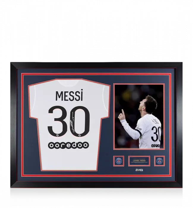icons Lionel Messi Official Paris Saint-Germain Back Signed and Framed 2021-22 Away Shirt