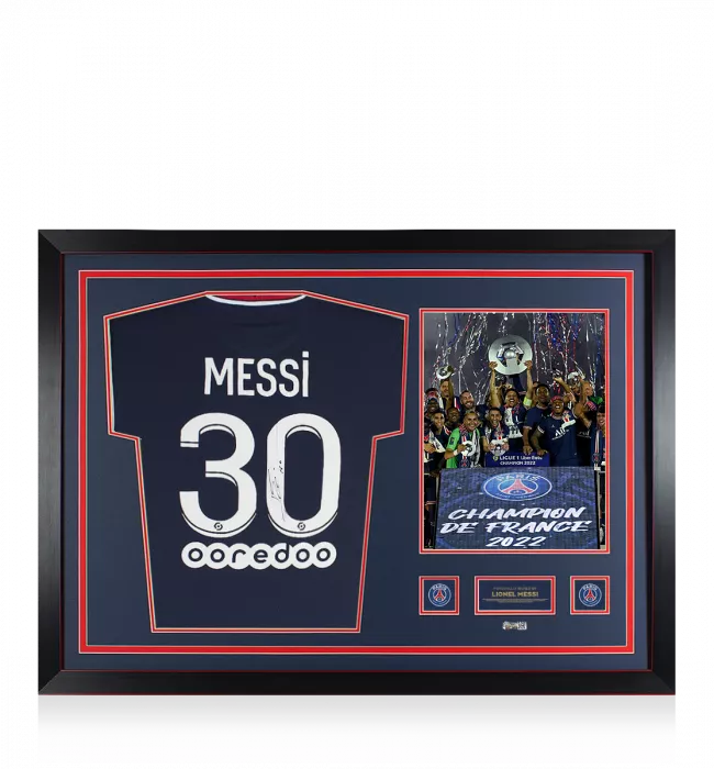 icons Lionel Messi Official Paris Saint-Germain Back Signed and Framed 2021-22 Home Shirt: Champions Edition
