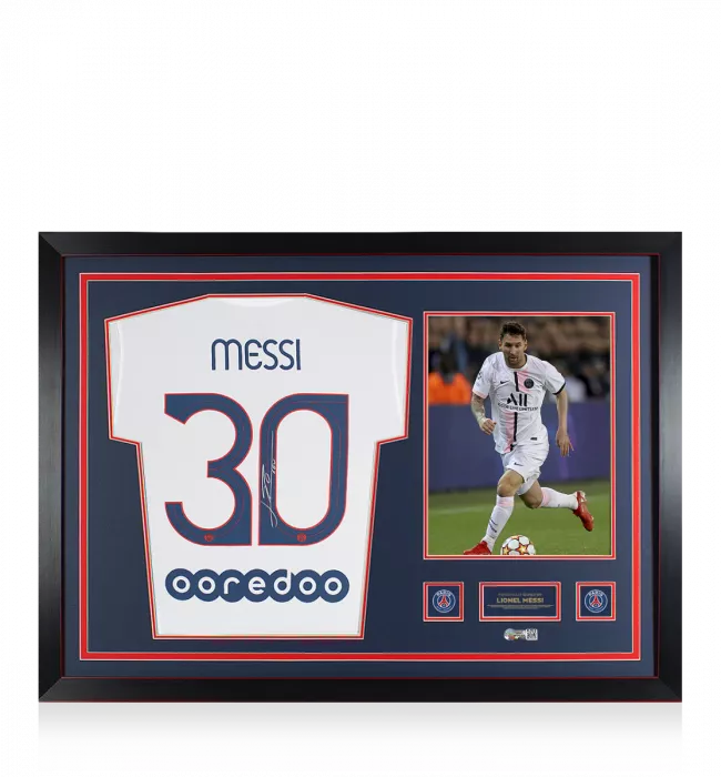 icons Lionel Messi Official Paris Saint-Germain Back Signed and Framed White Fan Shirt