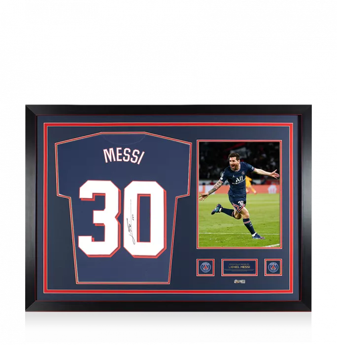 icons Lionel Messi Official Paris Saint-Germain Back Signed and Framed 2021-22 Home Shirt with Fan Style Numbers