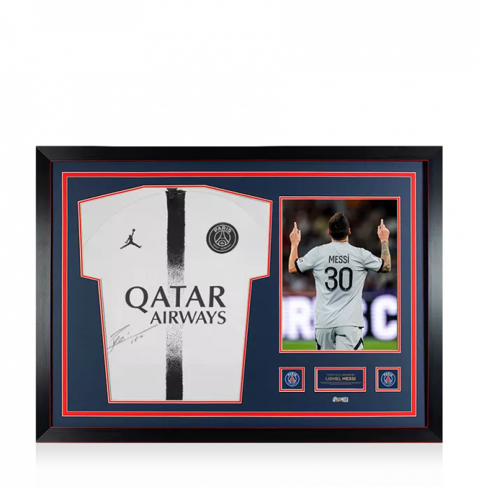 icons Lionel Messi Official Paris Saint-Germain Front Signed and Framed 2022-23 Away Shirt