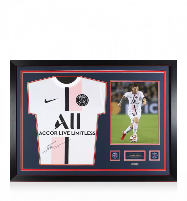 icons Lionel Messi Official Paris Saint-Germain Front Signed and Framed 2021-22 Away Shirt