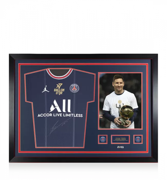 icons Lionel Messi Official Paris Saint-Germain Front Signed and Framed 2021-22 Home Shirt: 7x Ballon d'Or Winner