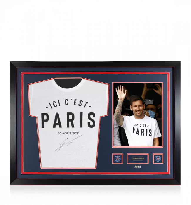 icons Lionel Messi Official Paris Saint-Germain Front Signed and Framed White "Ici c’est Paris" T-Shirt