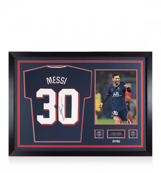 icons Lionel Messi Official Paris Saint-Germain Signed and Framed 2021-22 Home Shirt With Fan Style Numbers: UCL Edition