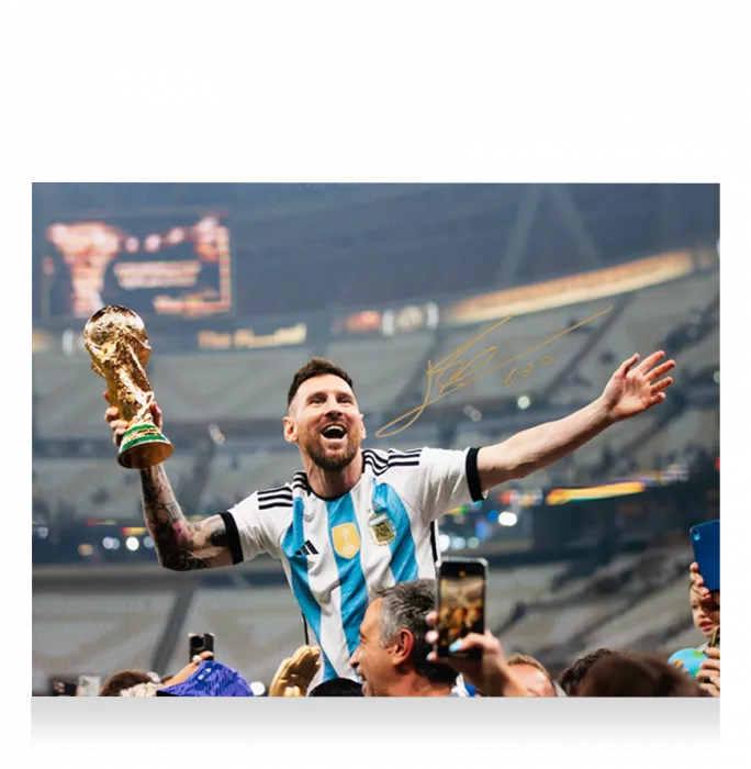 Icons Lionel Messi Official Signed Argentina Photo In Black Wooden Frame: 2022 FIFA World Cup Winner