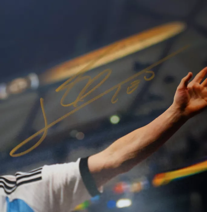 Icons Lionel Messi Official Signed Argentina Photo In Black Wooden Frame: 2022 FIFA World Cup Winner