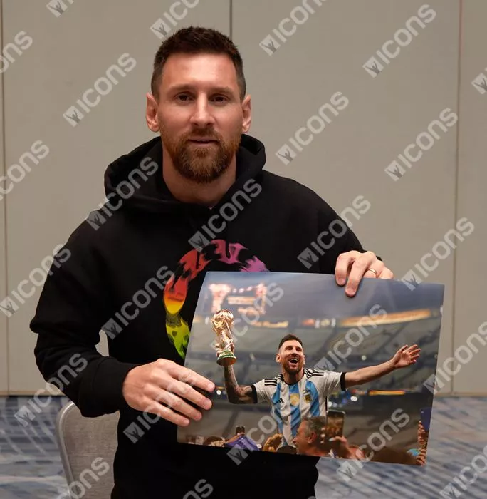 Icons Lionel Messi Official Signed Argentina Photo In Black Wooden Frame: 2022 FIFA World Cup Winner