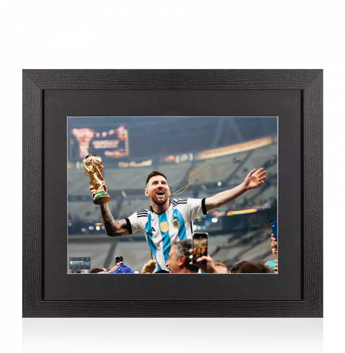 icons Lionel Messi Official Signed Argentina Photo In Black Wooden Frame: 2022 FIFA World Cup Winner