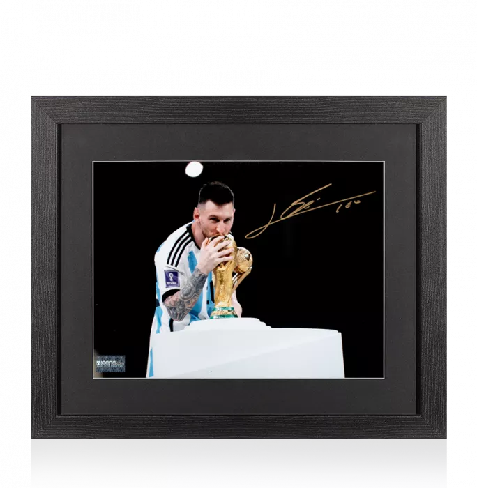 icons Lionel Messi Official Signed Argentina Photo In Black Wooden Frame: 2022 FIFA World Cup Winner
