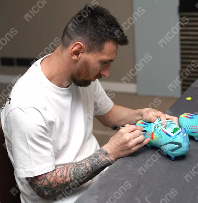 Icons Lionel Messi Official Signed Blue Adidas X Speedportal.1 Boot In Photo Acrylic Case: Option 1