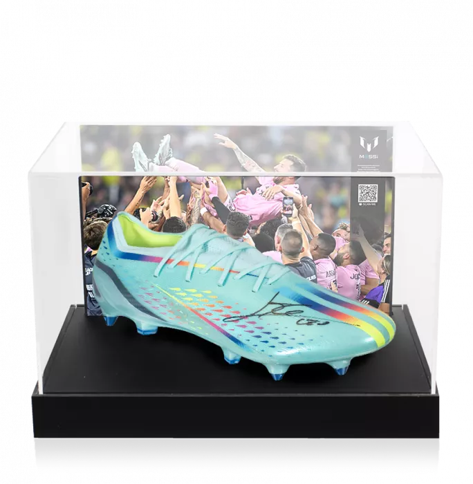icons Lionel Messi Official Signed Blue adidas X Speedportal.1 Boot In Photo Acrylic Case: Option 1