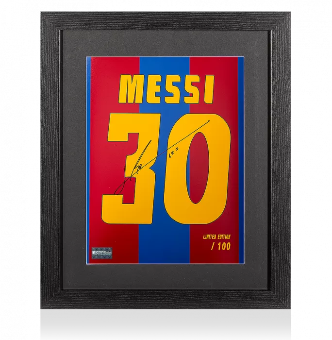 icons Lionel Messi Official Signed FC Barcelona 2005-06 Shirt Print In Black Wooden Frame: Limited Edition 'Messi 30'