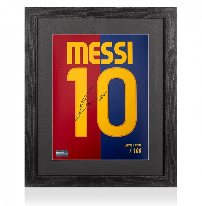 icons Lionel Messi Official Signed FC Barcelona 2008-09 Shirt Print In Black Wooden Frame: Limited Edition 'Messi 10'