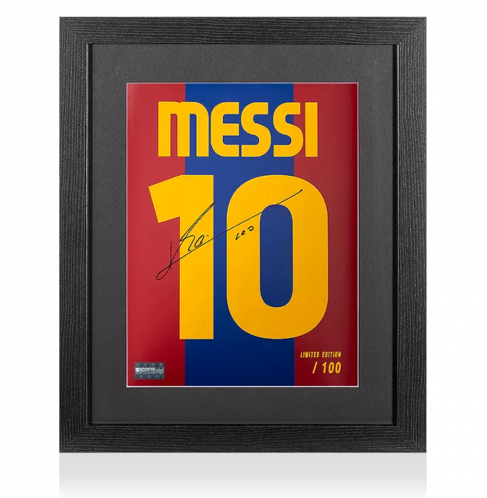 Icons Lionel Messi Official Signed FC Barcelona 2010-11 Shirt Print In Black Wooden Frame: Limited Edition 'Messi 10'