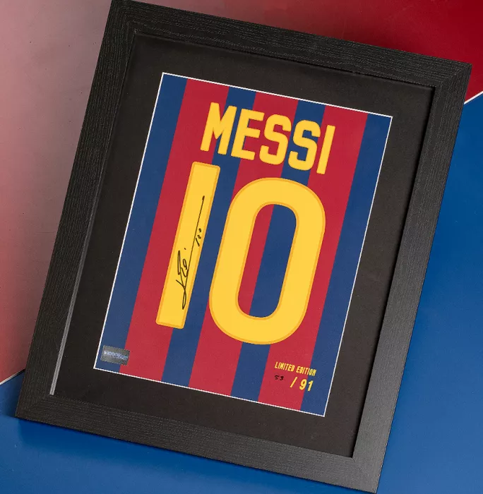 Icons Lionel Messi Official Signed FC Barcelona 2011-12 Shirt Print In Black Wooden Frame: Limited Edition 'Messi 10'