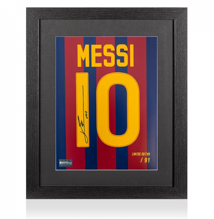 icons Lionel Messi Official Signed FC Barcelona 2011-12 Shirt Print In Black Wooden Frame: Limited Edition 'Messi 10'
