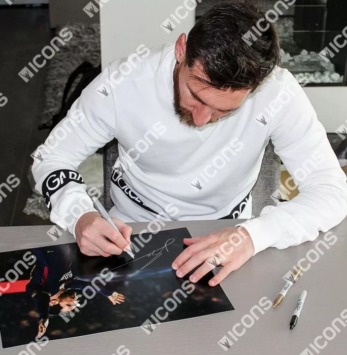 Icons Lionel Messi Official Signed FC Barcelona Photo In Black Wooden Frame: 100th UEFA Champions League Goal