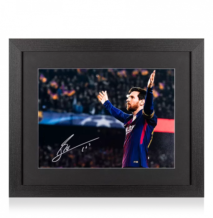 icons Lionel Messi Official Signed FC Barcelona Photo In Black Wooden Frame: 100th UEFA Champions League Goal