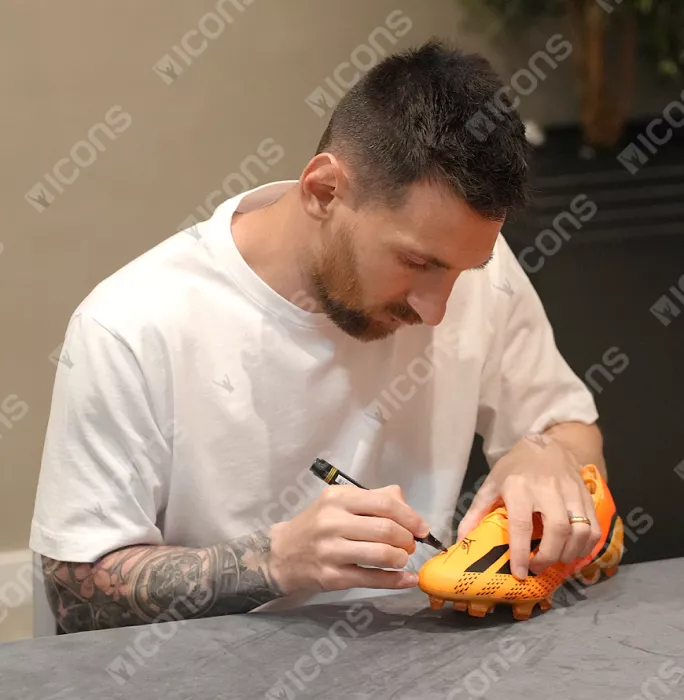 Icons Lionel Messi Official Signed Orange Adidas X Speedportal.1 Boot In Photo Acrylic Case: Option 1