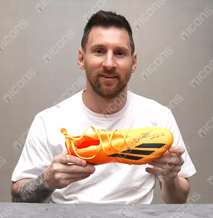 Icons Lionel Messi Official Signed Orange Adidas X Speedportal.1 Boot In Photo Acrylic Case: Option 1