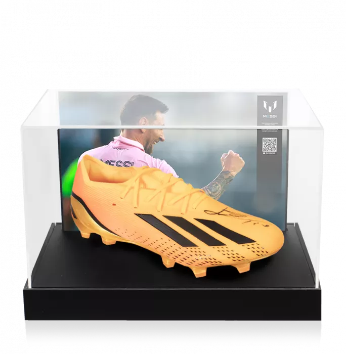 icons Lionel Messi Official Signed Orange adidas X Speedportal.1 Boot In Photo Acrylic Case: Option 1