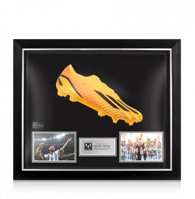 icons Lionel Messi Official Signed Orange adidas X Speedportal.1 Boot In Bubble Frame: Option 1