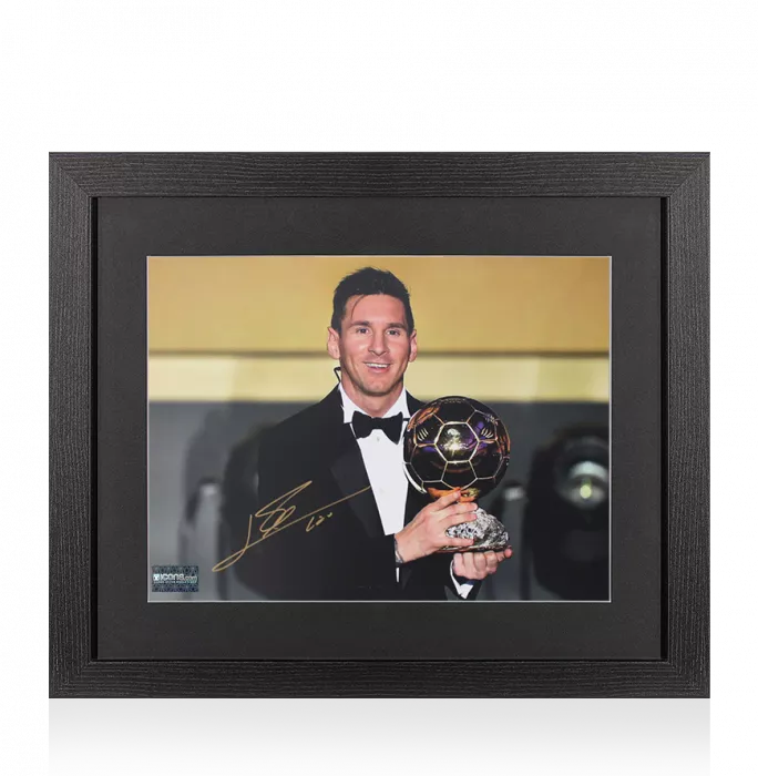 icons Lionel Messi Official Signed Photo In Black Wooden Frame: 2015 Ballon d'Or Winner
