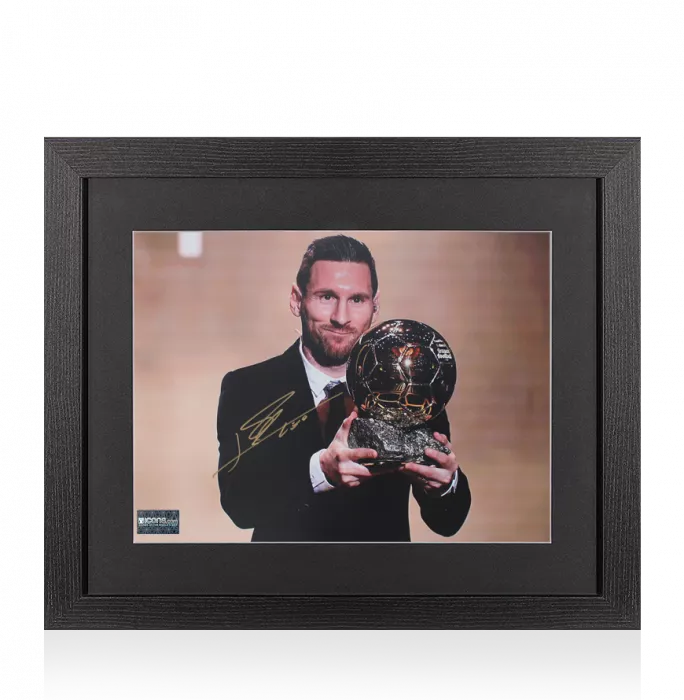 icons Lionel Messi Official Signed Photo In Black Wooden Frame: 2019 Ballon d'Or Winner