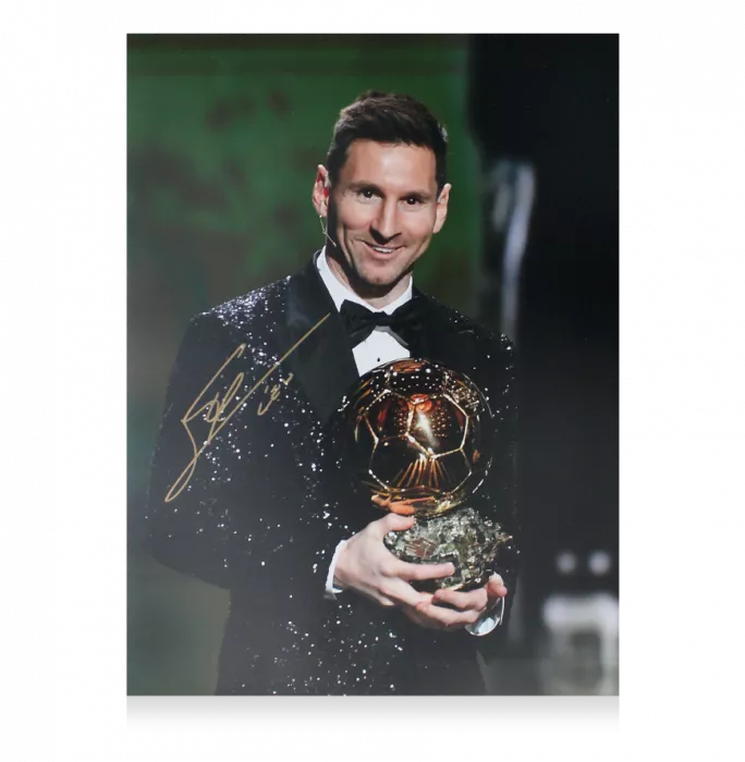 Icons Lionel Messi Official Signed Photo In Black Wooden Frame: 2021 Ballon D'Or Winner