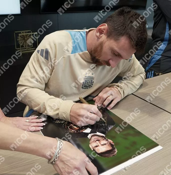 Icons Lionel Messi Official Signed Photo In Black Wooden Frame: 2021 Ballon D'Or Winner