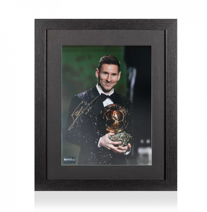 icons Lionel Messi Official Signed Photo In Black Wooden Frame: 2021 Ballon d'Or Winner