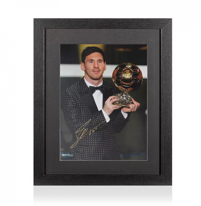icons Lionel Messi Official Signed Photo In Black Wooden Frame: 2012 Ballon d'Or Winner