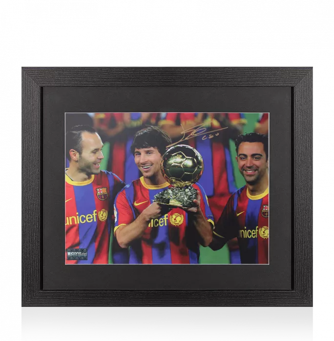 icons Lionel Messi Official Signed Photo In Black Wooden Frame: 2009 Ballon d'Or Winner