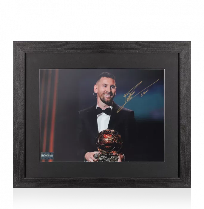 icons Lionel Messi Official Signed Photo In Black Wooden Frame: 2023 Ballon d'Or Winner
